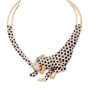 Gold-Tone Tiger Pendant Statement Necklace with Black and White Stones